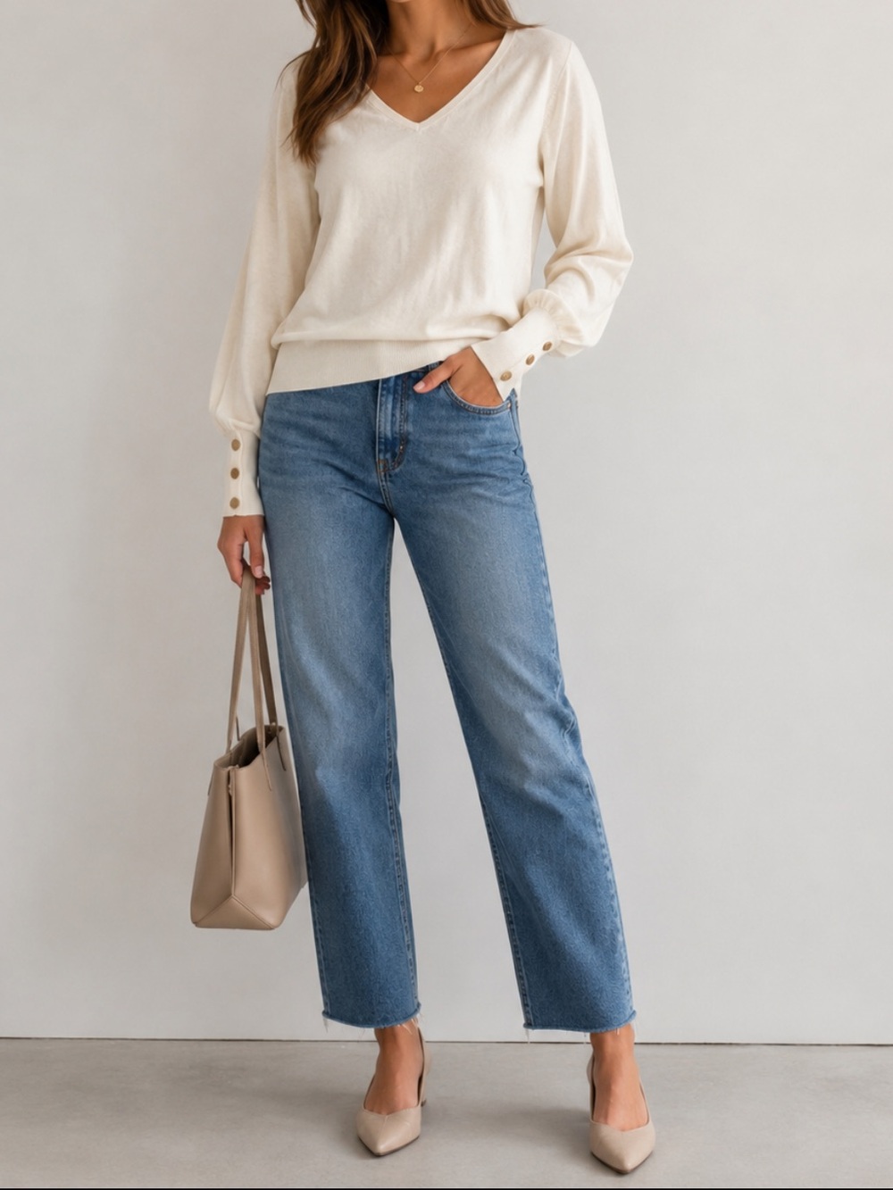 NWT Ann Taylor Cream V-Neck Gold Button Cuff Sweater. Size M